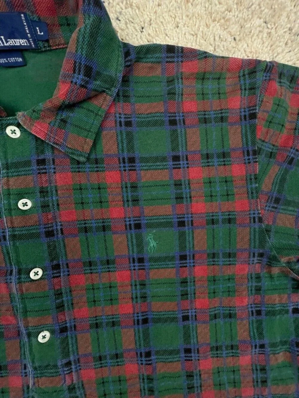 Polo Ralph Lauren Cotton Short Sleeve Polo Shirt w Pony Large Plaid Green Red